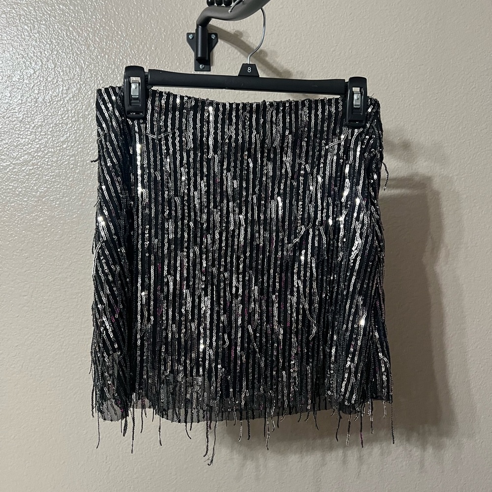 Zara Black & Silver Sequin Fringe Mini Skirt